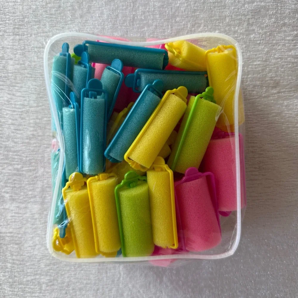 48pc Foam Sponge Hair Roller Set Pink Green Yellow Blue Curlers w/ Storage Bag